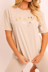Beige Gold Beverly Hills T-shirt Cycling Shorts Co-ord - Laura-Co-ords