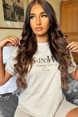 Beige Gold Beverly Hills T-shirt Cycling Shorts Co-ord - Laura-Co-ords