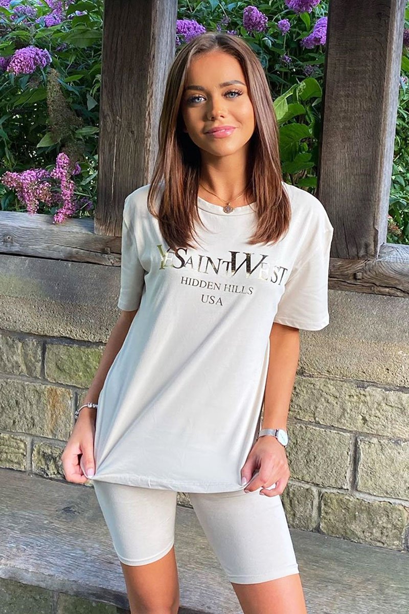 Beige Gold Beverly Hills T-shirt Cycling Shorts Co-ord - Laura-Co-ords