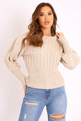 Beige Gold Button Front Knit Jumper - Eleonor-Jumper