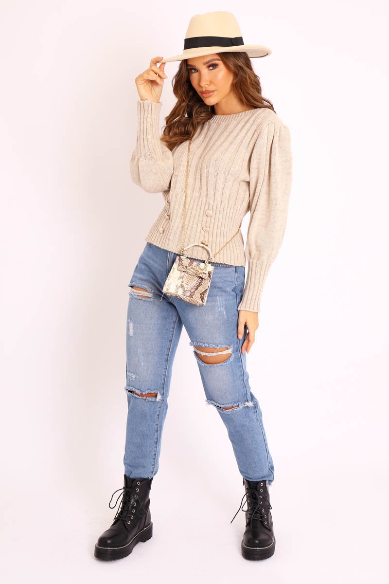 Beige Gold Button Front Knit Jumper - Eleonor-Jumper