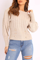Beige Gold Button Front Knit Jumper - Eleonor-Jumper