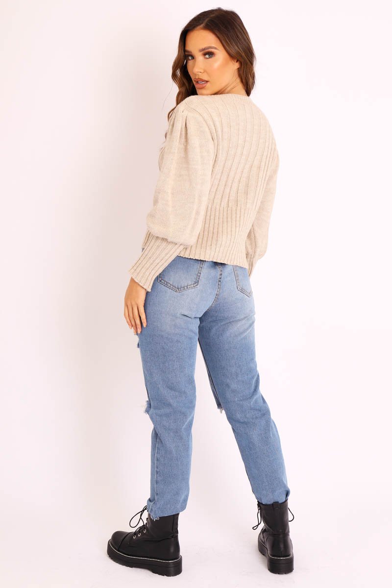 Beige Gold Button Front Knit Jumper - Eleonor-Jumper