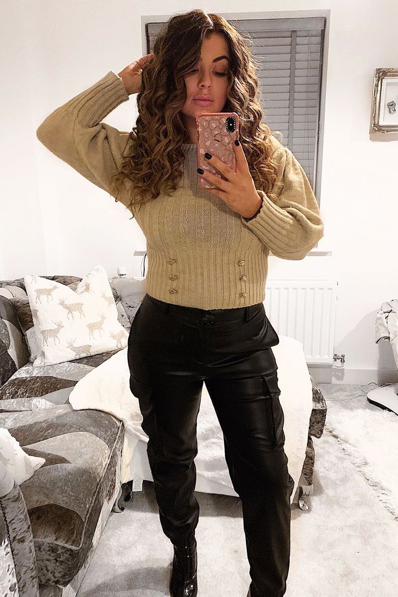 Beige Gold Button Front Knit Jumper - Eleonor-Jumper