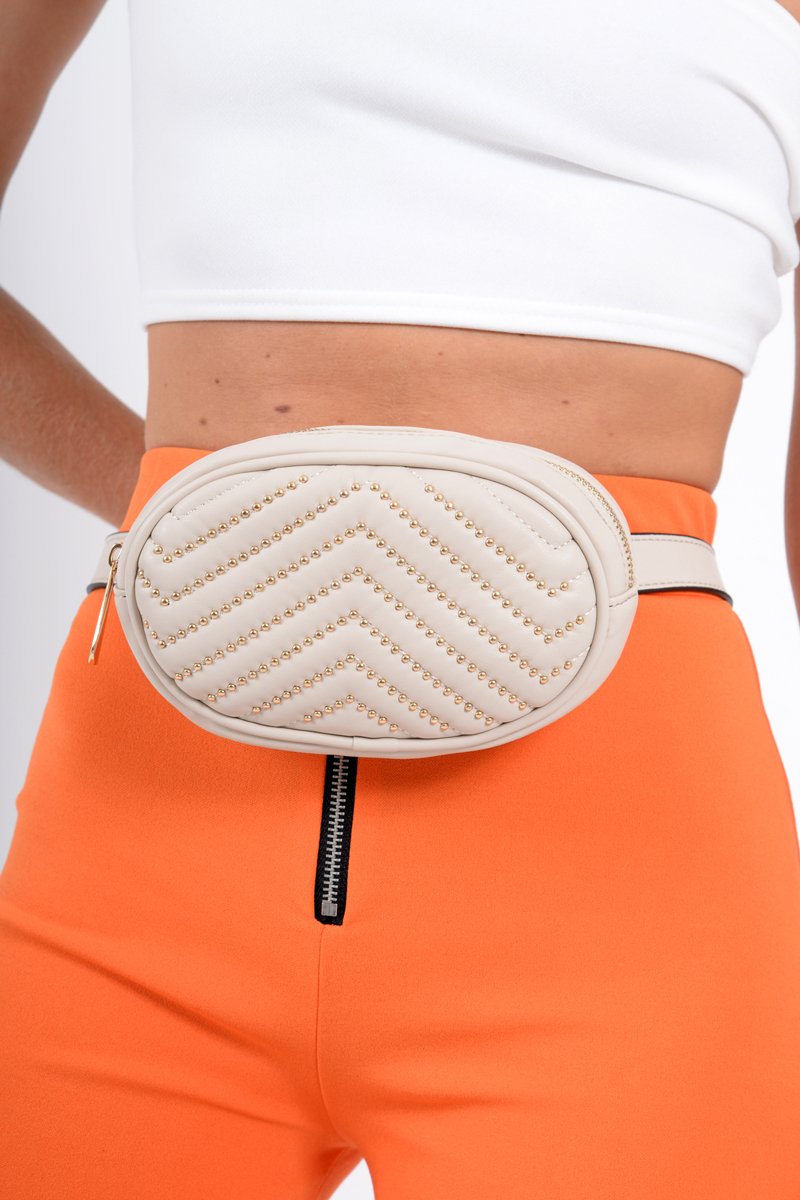 Beige Gold Studded Faux Leather Oval Bum Bag - Dua-Bags