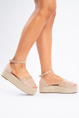 Beige Gold Studded Platform Wedges - Camry-Shoes