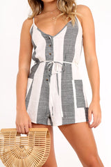 Beige Grey Stripe Button Front Tie Playsuit - Sarae-Playsuits