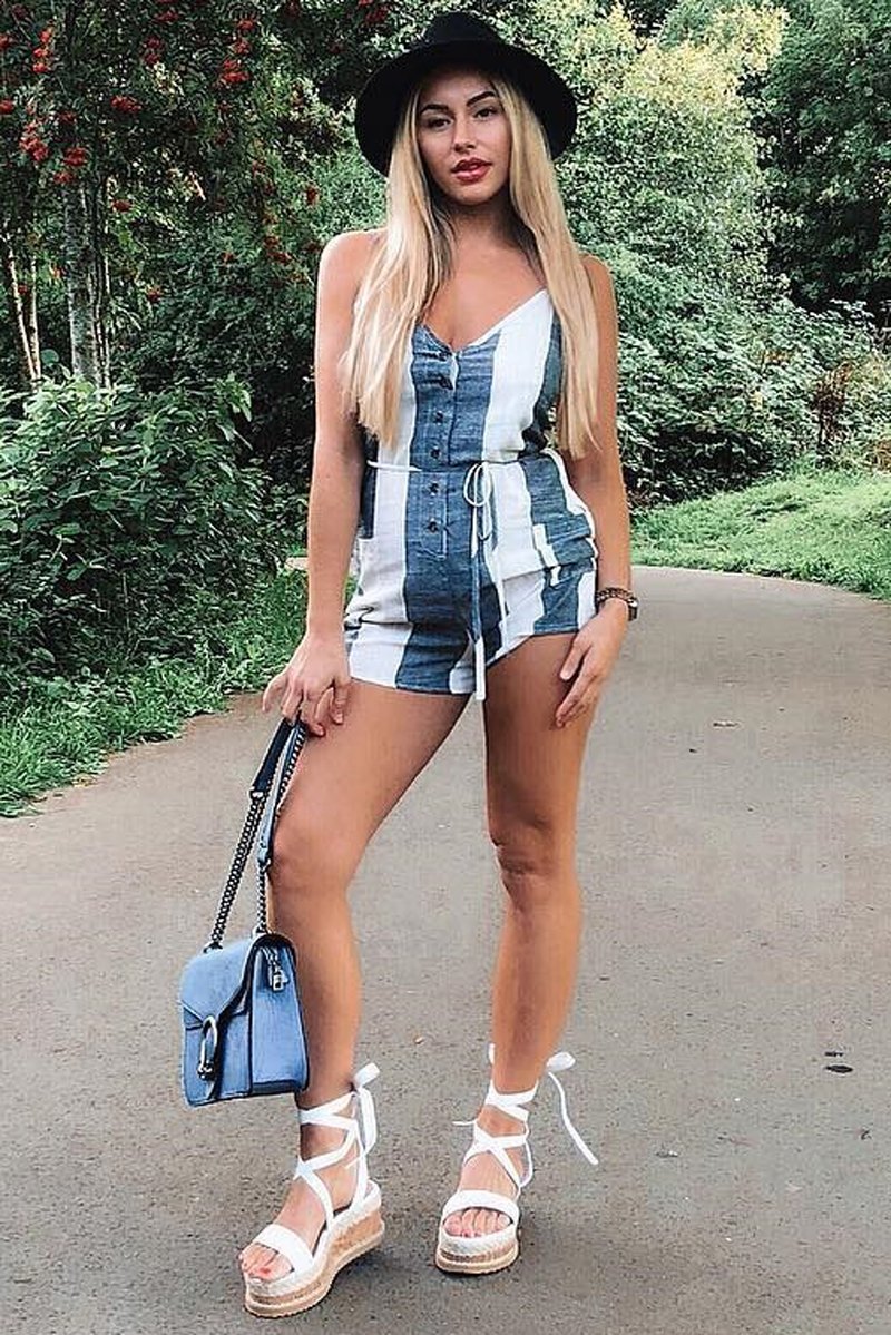 Beige Grey Stripe Button Front Tie Playsuit - Sarae-Playsuits