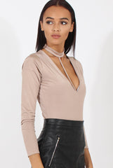 Beige Harness Choker Long Sleeve Bodysuit - Sandra-Bodysuits