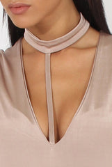 Beige Harness Choker Long Sleeve Bodysuit - Sandra-Bodysuits