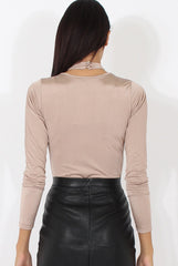 Beige Harness Choker Long Sleeve Bodysuit - Sandra-Bodysuits