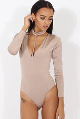 Beige Harness Choker Long Sleeve Bodysuit - Sandra-Bodysuits