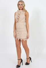Beige High Neck Crochet Backless Dress - Kimmi-Dresses