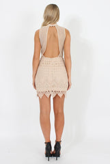 Beige High Neck Crochet Backless Dress - Kimmi-Dresses
