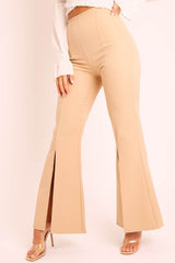 Beige High Waist Split Front Trousers - Adraya-Trousers