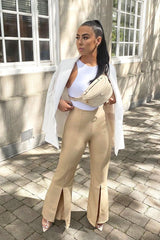 Beige High Waist Split Front Trousers - Adraya-Trousers