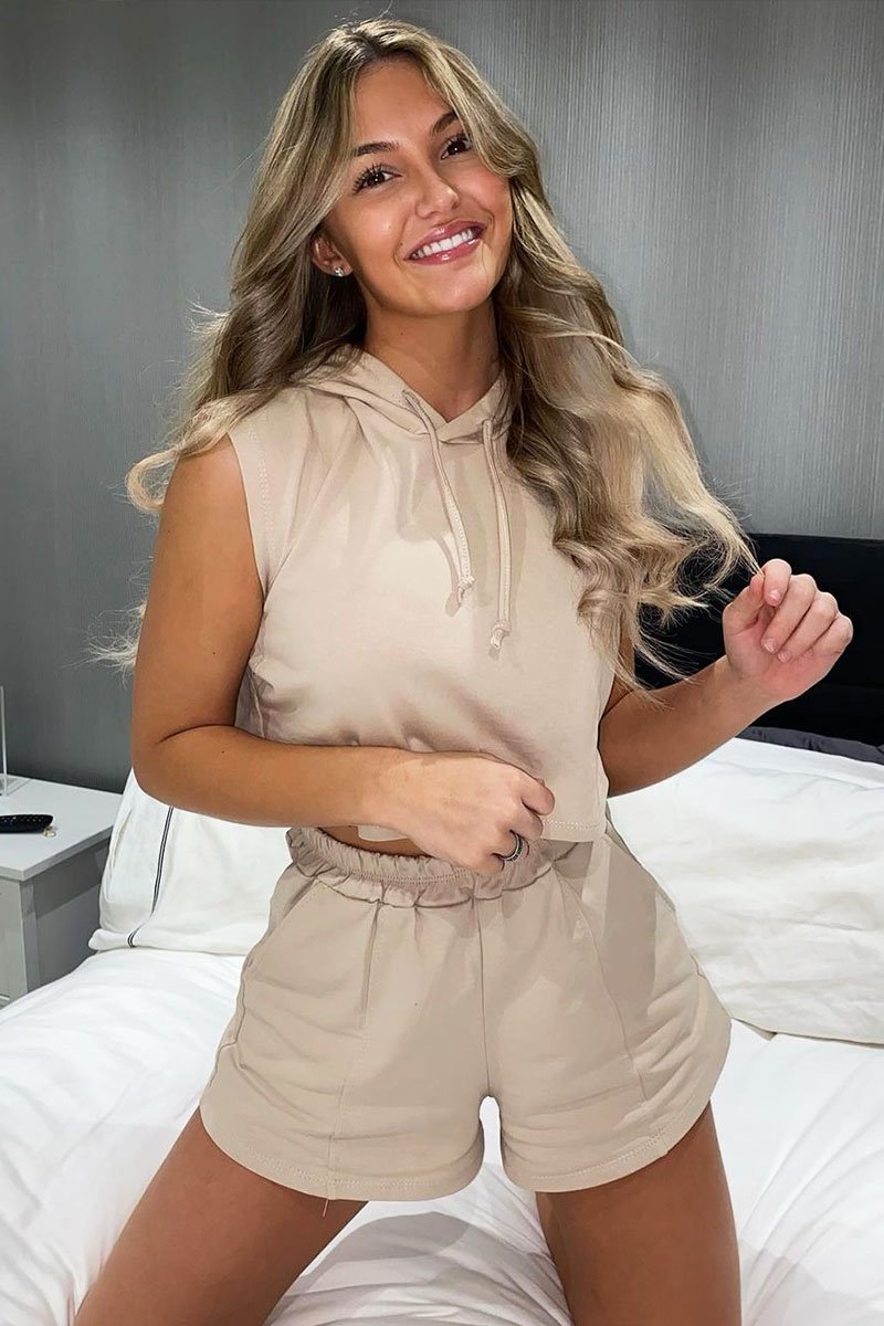 Beige Hooded Top and Shorts Loungewear Co-ord - Hannie-Loungewear