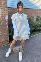 Beige Houndstooth Knit Vest - Hazel-Jumper