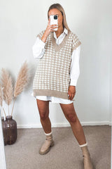 Beige Houndstooth Knit Vest - Hazel-Jumper