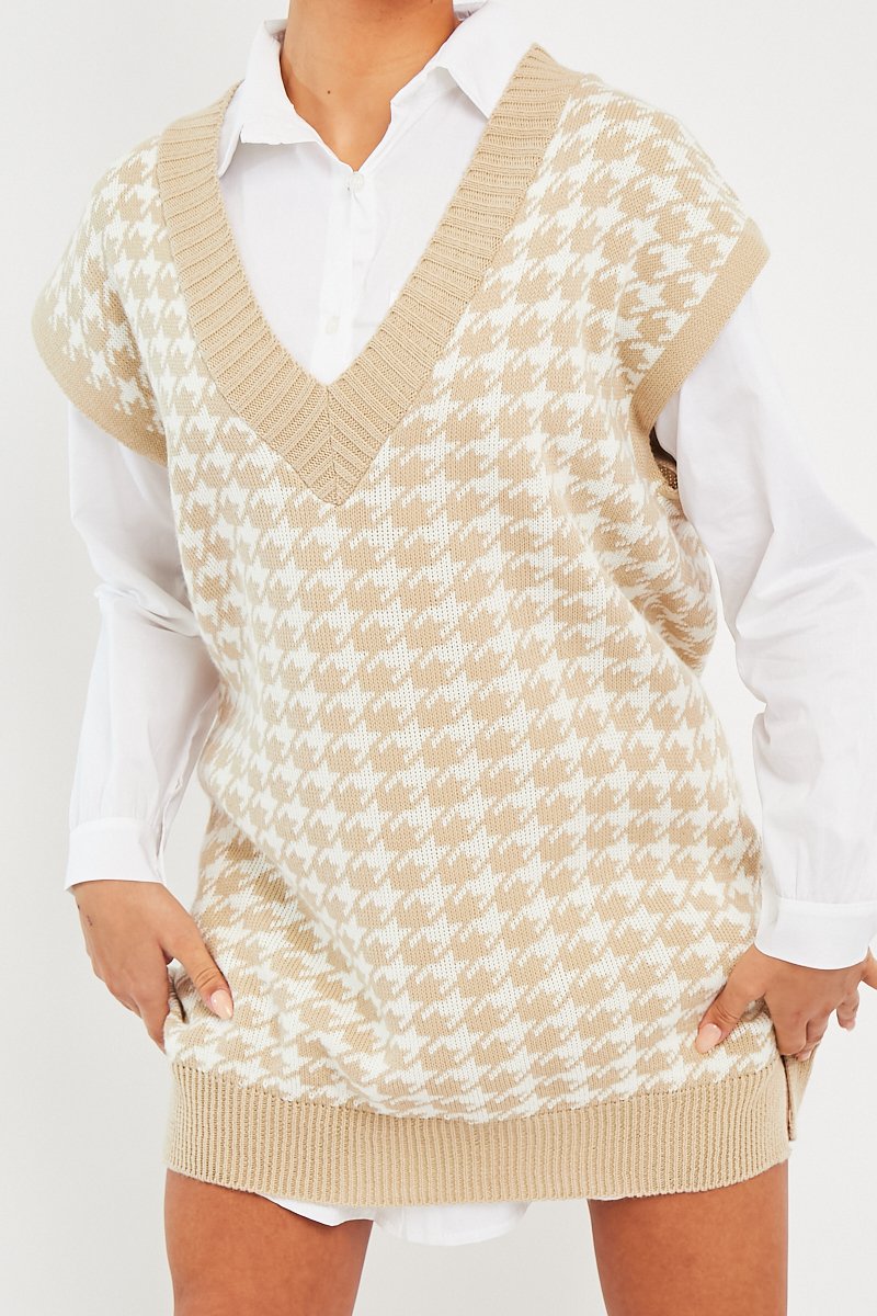 Beige Houndstooth Knit Vest - Hazel-Jumper