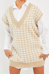 Beige Houndstooth Knit Vest - Hazel-Jumper