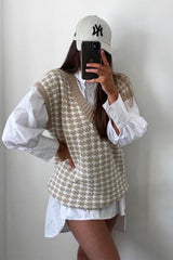 Beige Houndstooth Knit Vest - Hazel-Jumper