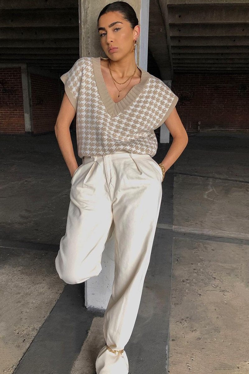 Beige Houndstooth Knit Vest - Hazel-Jumper