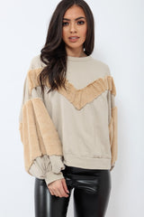 Beige Jumper with Camel Fur - Lara-Tops