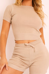 Beige Knit Crop Top Shorts Loungewear Set - Sofiah-Loungewear