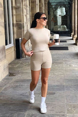 Beige Knit Crop Top Shorts Loungewear Set - Sofiah-Loungewear