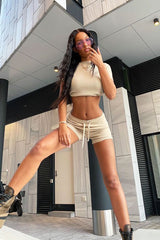 Beige Knit Crop Top Shorts Loungewear Set - Sofiah-Loungewear