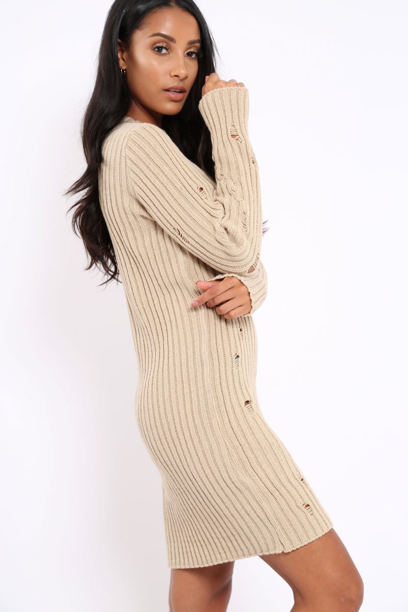 Beige Knit Distressed Jumper Dress - Cheryl-Dresses