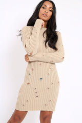 Beige Knit Distressed Jumper Dress - Cheryl-Dresses