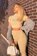 Beige Knit High Neck Crop Top and Trouser Co-ord - Helena-Co-ords