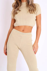 Beige Knit High Neck Crop Top and Trouser Co-ord - Helena-Co-ords