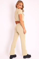 Beige Knit High Neck Crop Top and Trouser Co-ord - Helena-Co-ords
