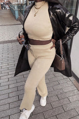 Beige Knit High Neck Crop Top and Trouser Co-ord - Helena-Co-ords
