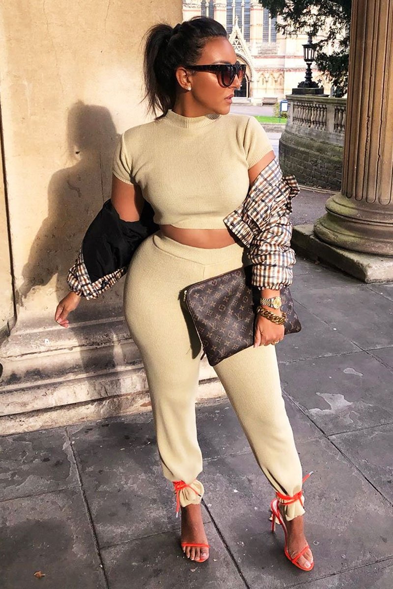 Beige Knit High Neck Crop Top and Trouser Co-ord - Helena-Co-ords