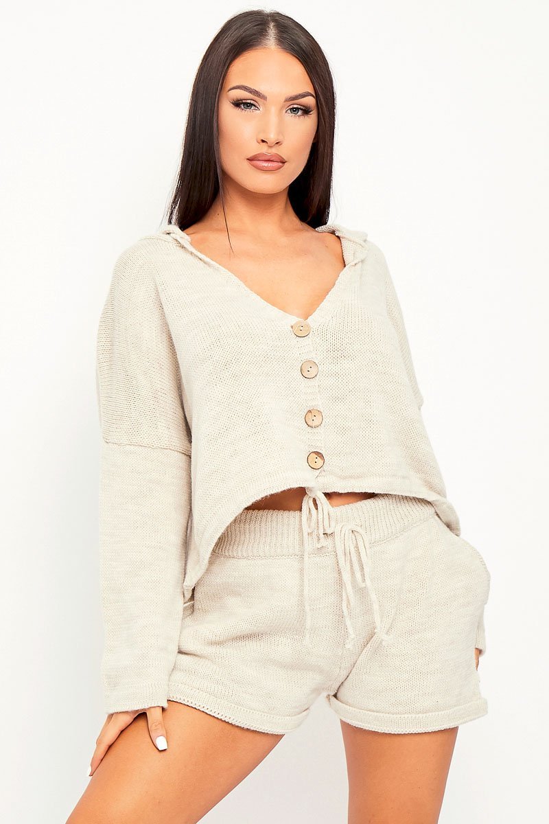 Beige Knit Hoodie Cardigan + Shorts Co-ord - Esther-Co-ords