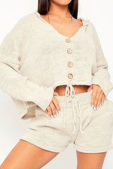 Beige Knit Hoodie Cardigan + Shorts Co-ord - Esther-Co-ords