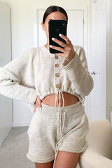 Beige Knit Hoodie Cardigan + Shorts Co-ord - Esther-Co-ords
