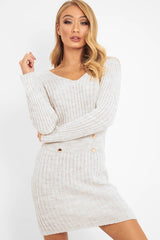 Beige Knit Plunge Button Front Jumper Dress - Cariah-Dresses