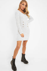 Beige Knit Plunge Button Front Jumper Dress - Cariah-Dresses