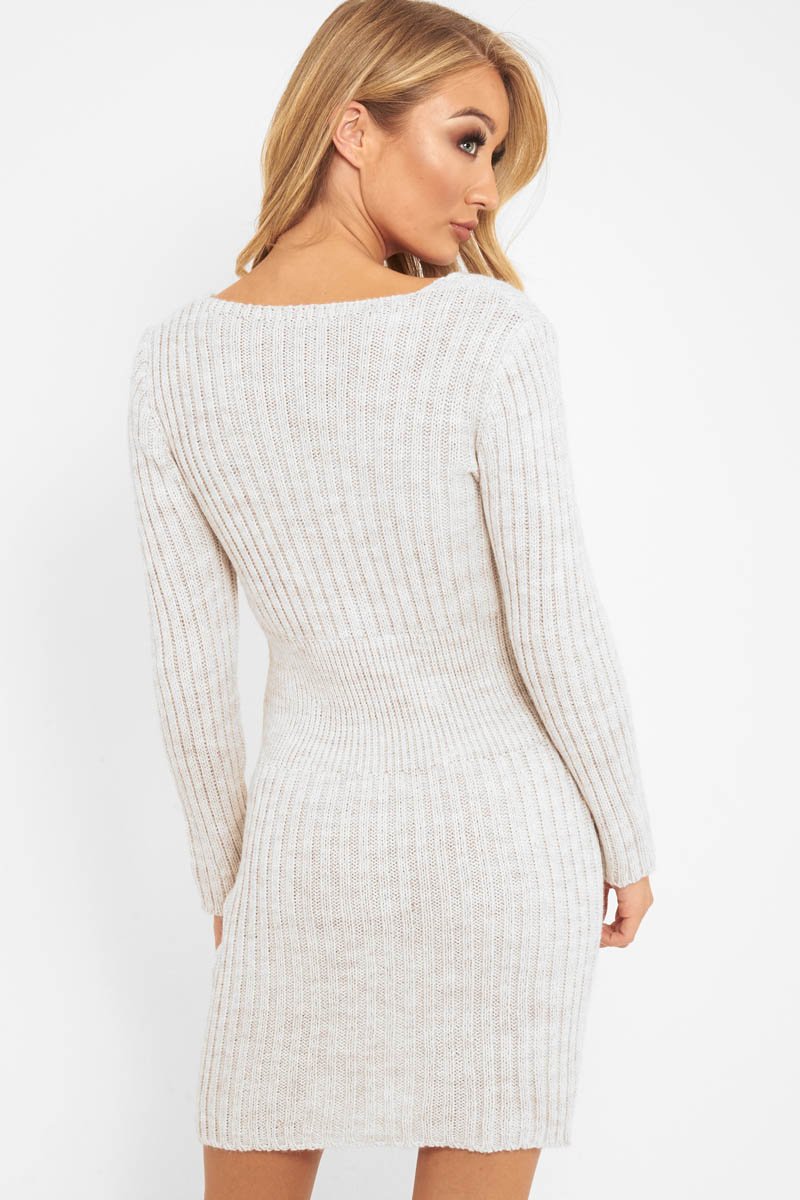 Beige Knit Plunge Button Front Jumper Dress - Cariah-Dresses