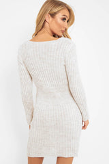 Beige Knit Plunge Button Front Jumper Dress - Cariah-Dresses