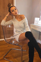 Beige Knit Plunge Button Front Jumper Dress - Cariah-Dresses