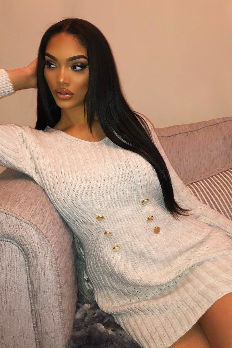 Beige Knit Plunge Button Front Jumper Dress - Cariah-Dresses