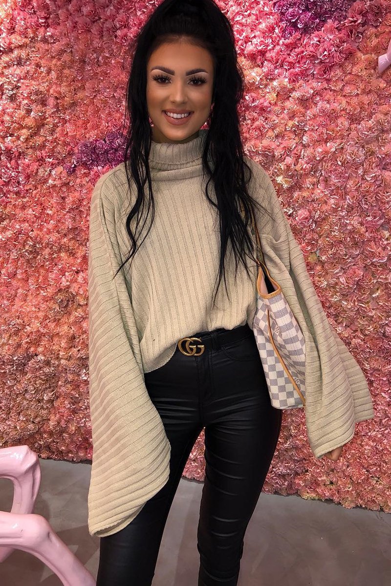 Beige Knit Roll Neck Batwing Jumper - Fallon-Jumper