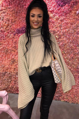 Beige Knit Roll Neck Batwing Jumper - Fallon-Jumper