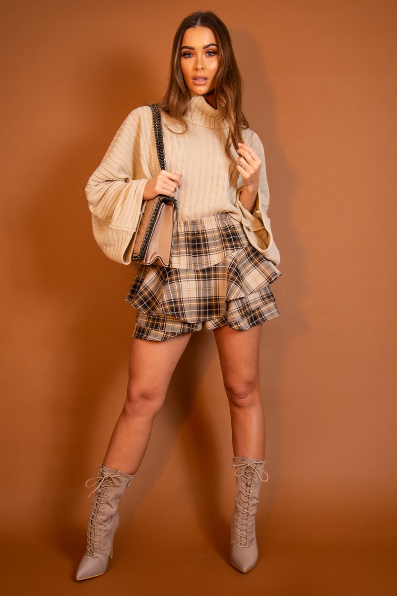 Beige Knit Roll Neck Batwing Jumper - Fallon-Jumper